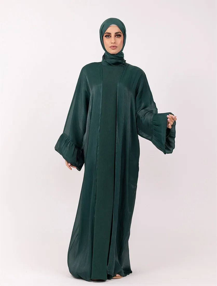 Bottle Green Open Organza Kaftan Set